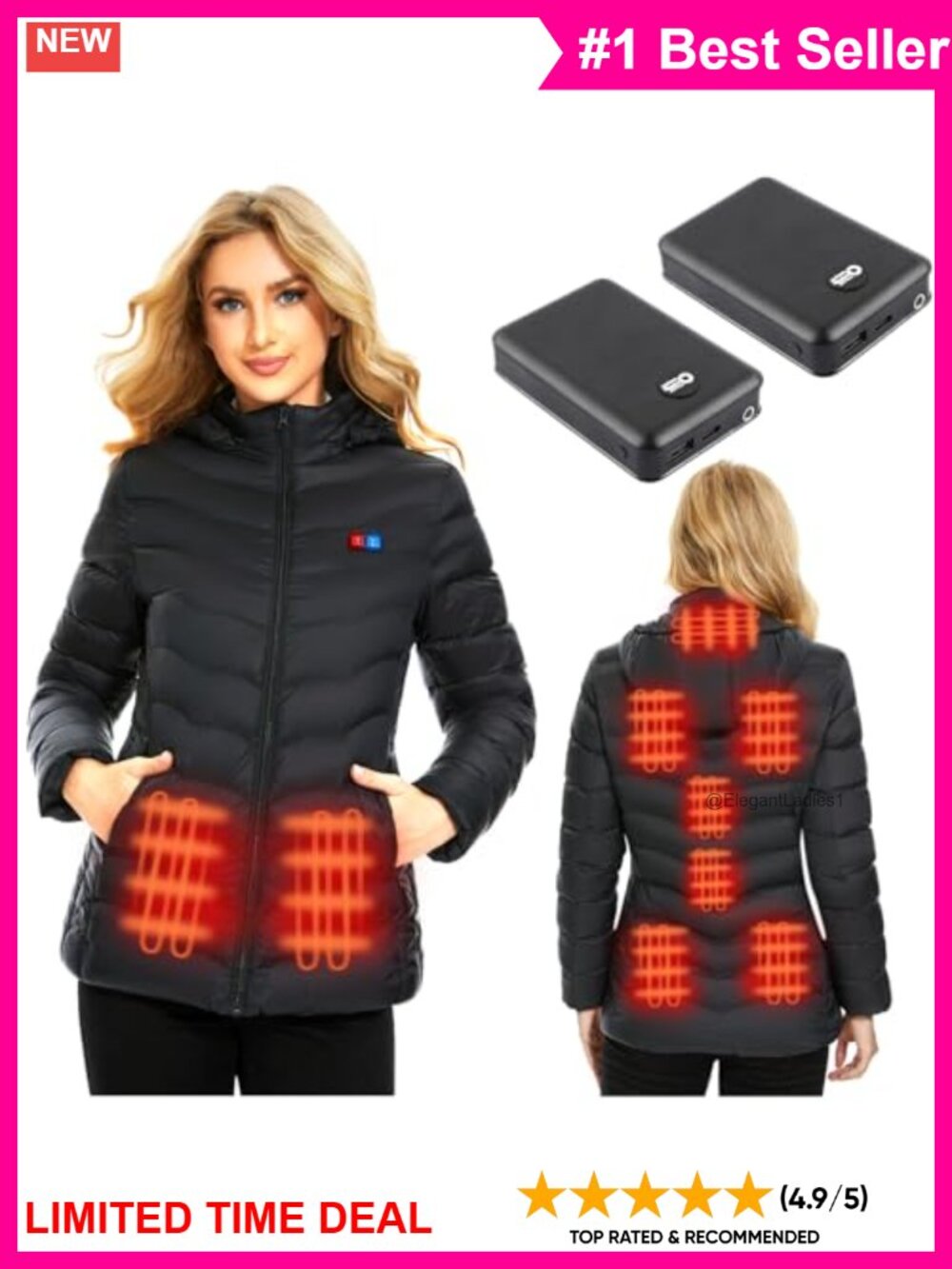 Women's Heated Jacket Slim Fit 9 Heating Zones 2 Power Banks Winter Coat